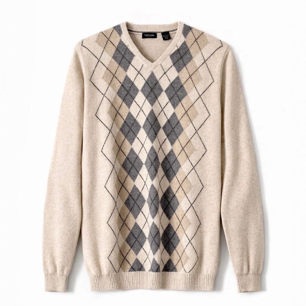 VAN HEUSEN Cream Neutral Argyle V-Neck 100% Cotton Knit Preppy Academia Sweater